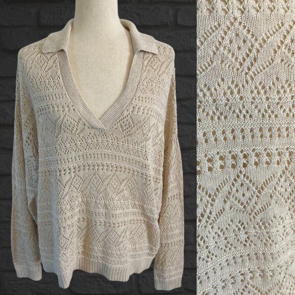 LOFT Off White Ivory V-Neck Collared Sweater Size Large Cotton Relaxed Fit - Picture 1 of 8